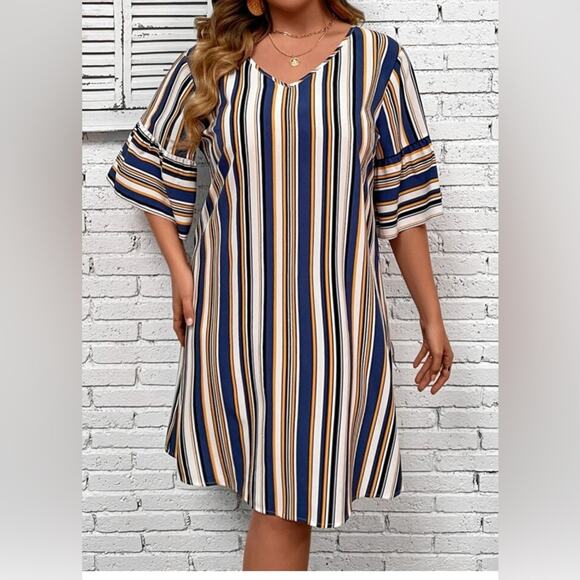 Striped Print Flounce Sleeve Tunic Dress. Great for sizes 1X/2X - Picture 1 of 5